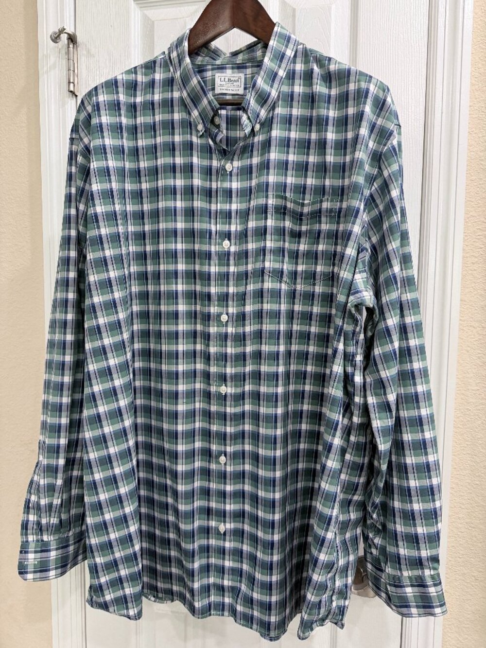 L.L.Bean Mens Plaid Button Down Shirt Traditional Fit 100% Cotton Green Blue
